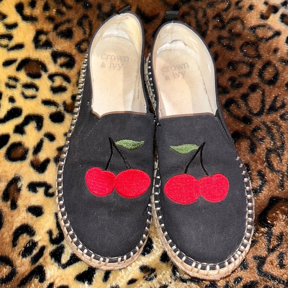 Crown & Ivy cherry espadrilles. Sz 7 1/2. Black and red.